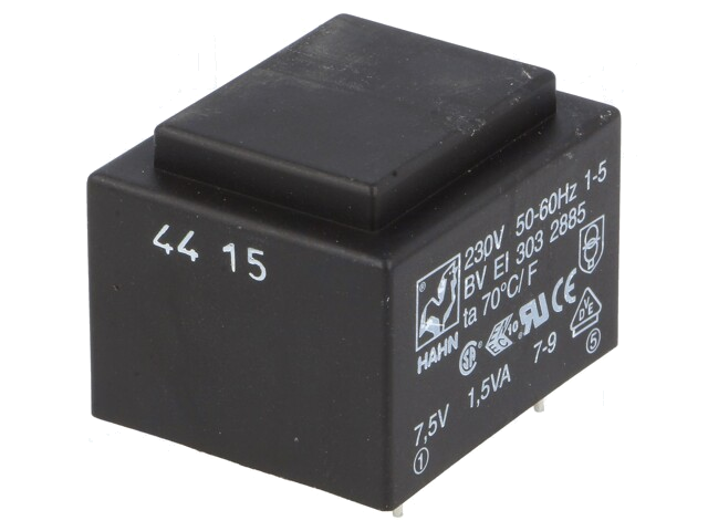 Transformator: ingegoten; 1,5VA; 230VAC; 7,5V; 200mA; PCB; BVEI Transformator: ingegoten; 1,5VA; 230VAC; 7,5V; 200mA; PCB; BVEI